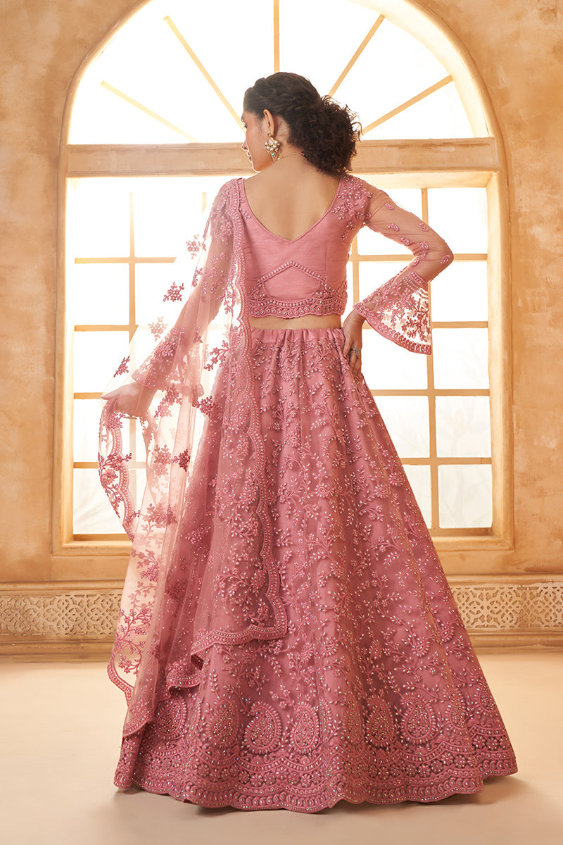 Dusty Pink Net Embroidered Designer Bridal Lehenga Choli