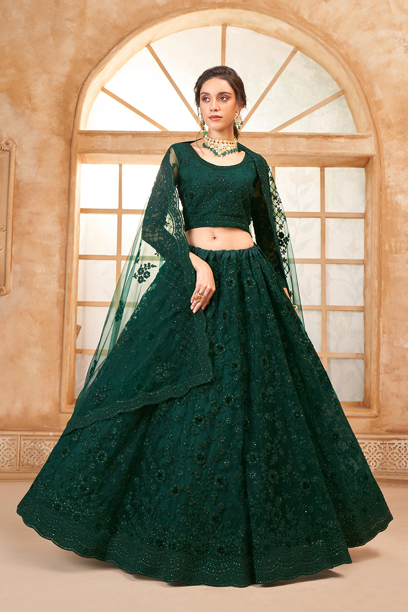 Dark Green Net Embroidered Designer Bridal Lehenga Choli