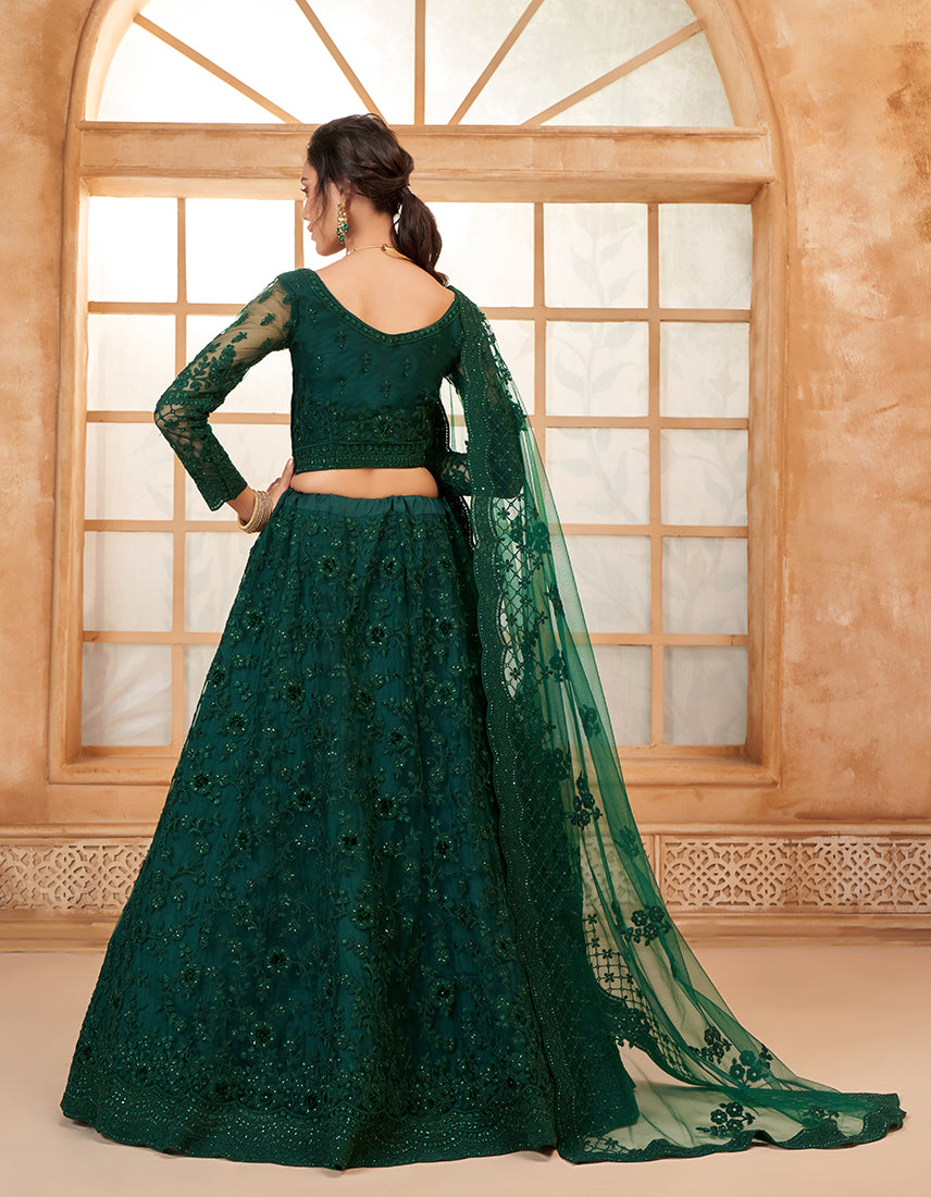 Dark Green Net Embroidered Designer Bridal Lehenga Choli