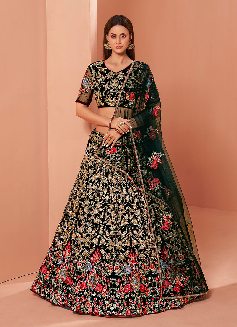 Bottle Green Net Heavy Thread Work Embroidery Lehenga Choli