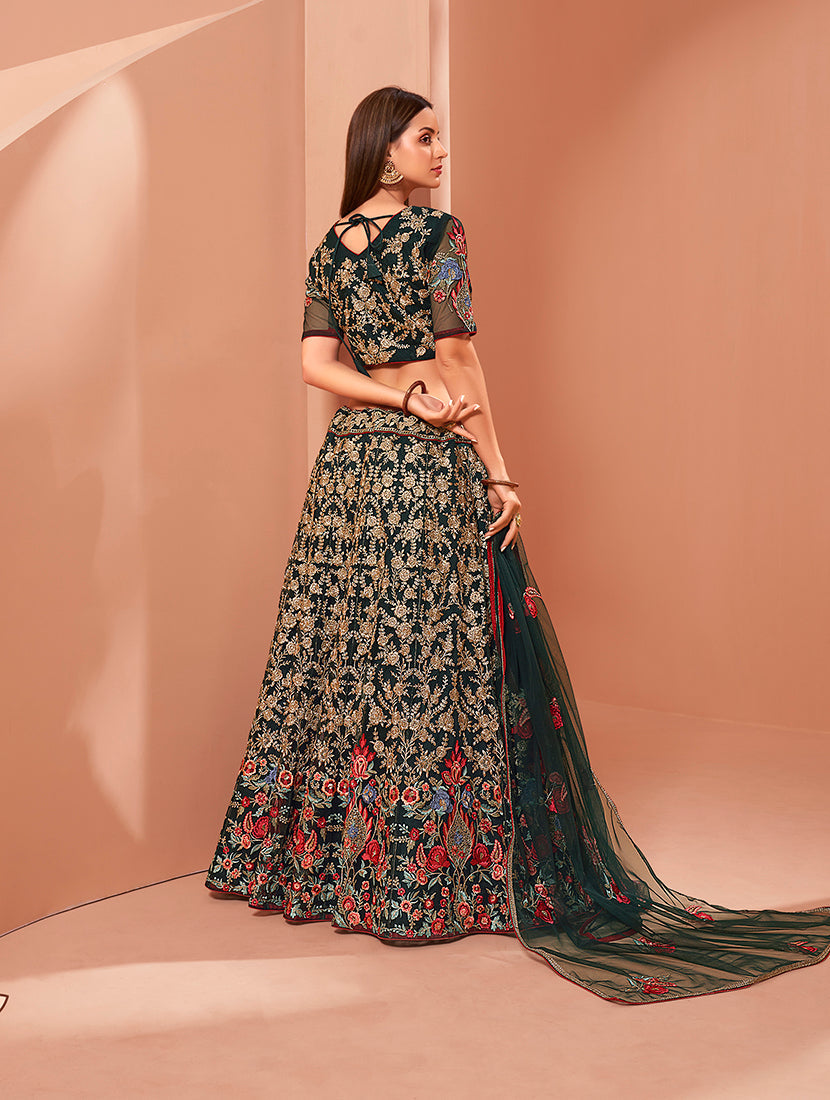 Bottle Green Net Heavy Thread Work Embroidery Lehenga Choli