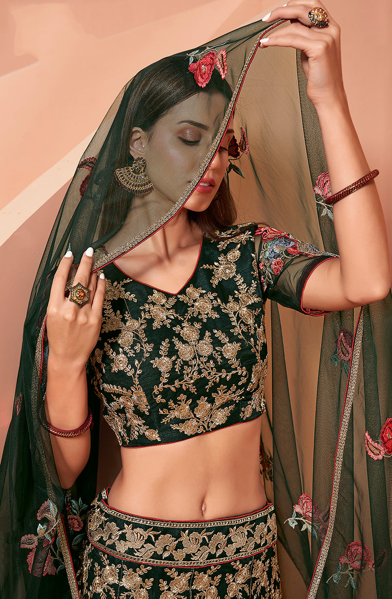 Bottle Green Net Heavy Thread Work Embroidery Lehenga Choli