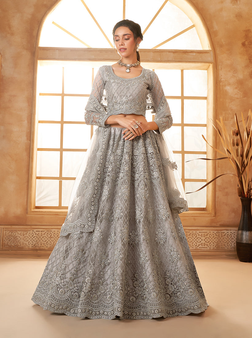 Grey Net Embroidered Designer Bridal Lehenga Choli