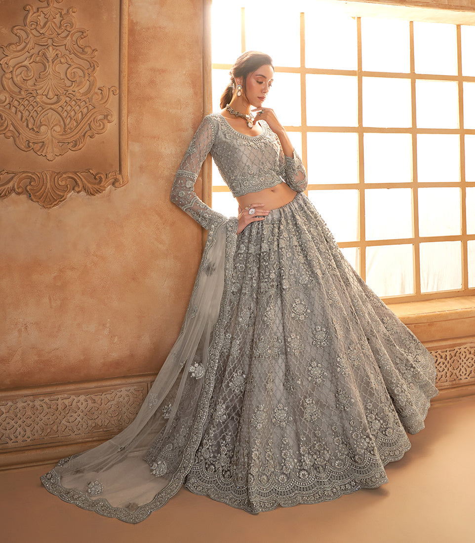 Grey Net Embroidered Designer Bridal Lehenga Choli