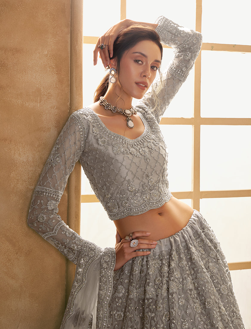 Grey Net Embroidered Designer Bridal Lehenga Choli