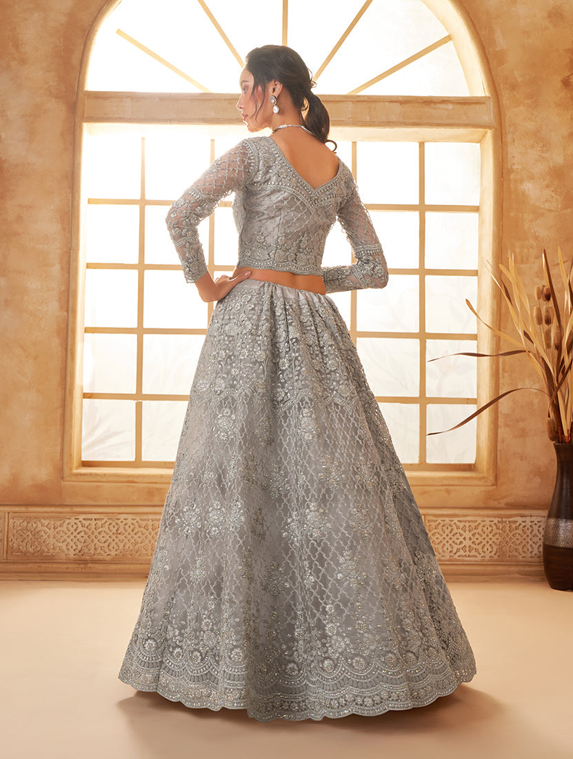 Grey Net Embroidered Designer Bridal Lehenga Choli