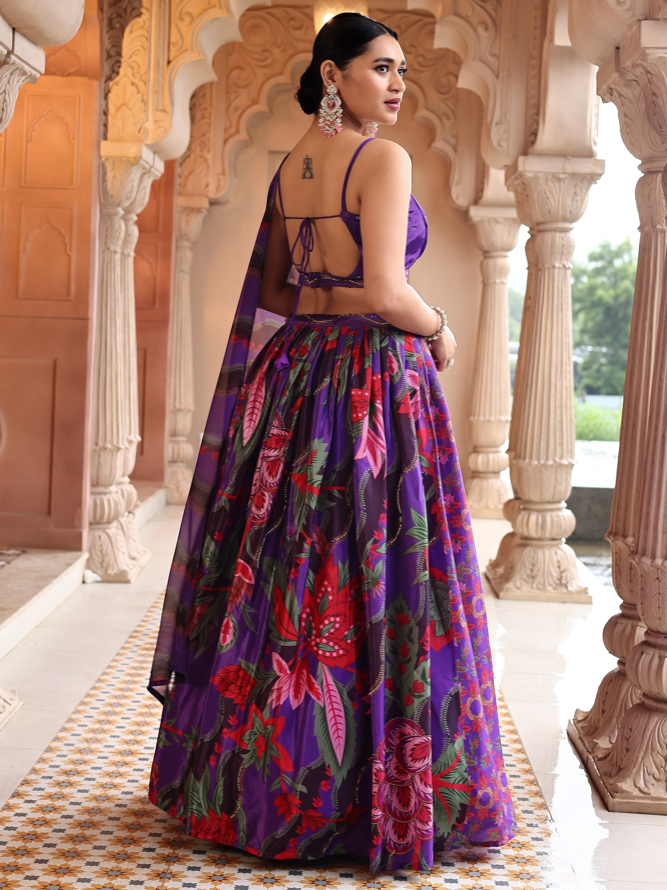 Dark Purple Printed Chinon Lehenga with Sequin Glam
