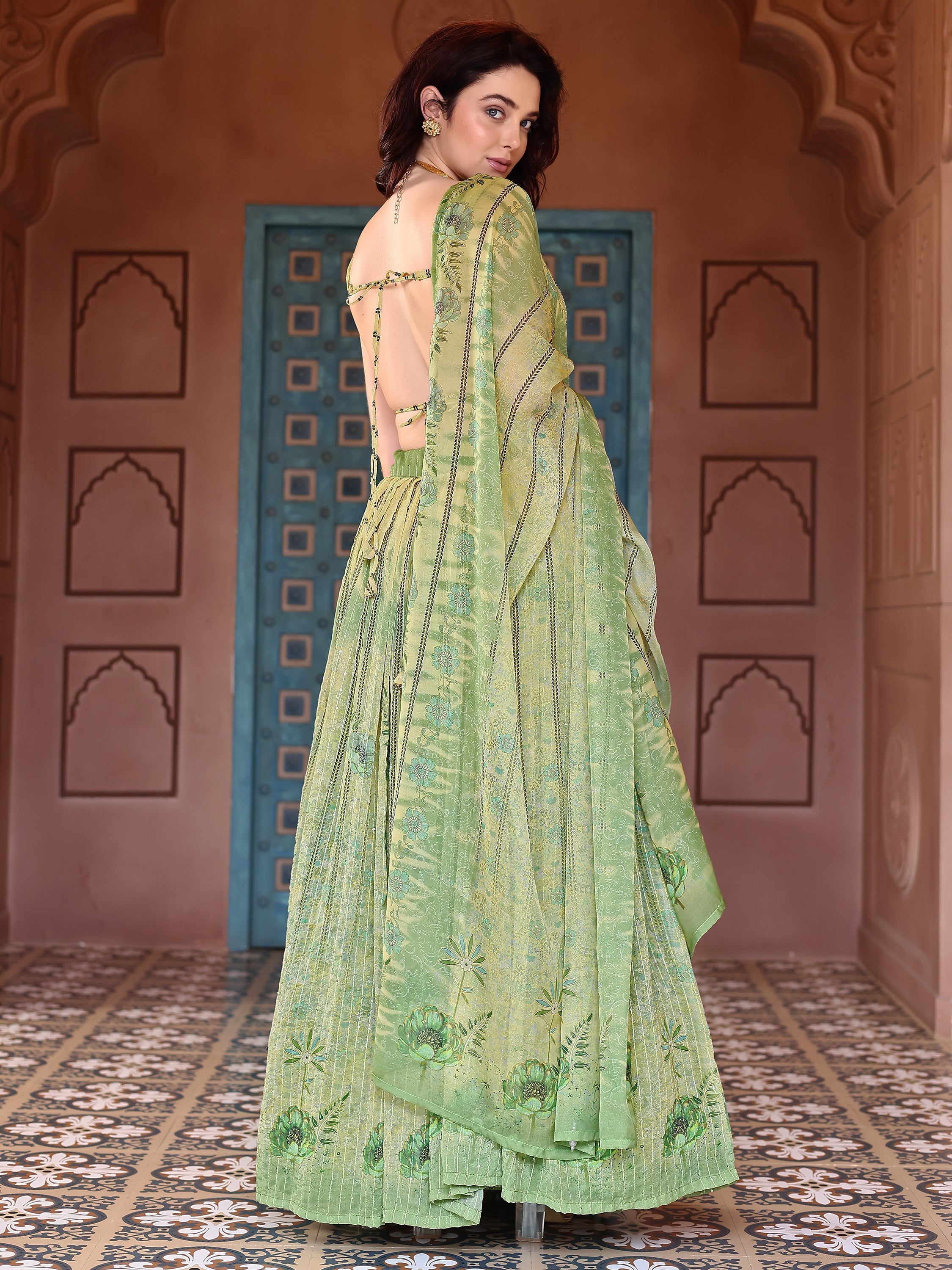 Light Green Printed Sequin Chiffon Lehenga Choli