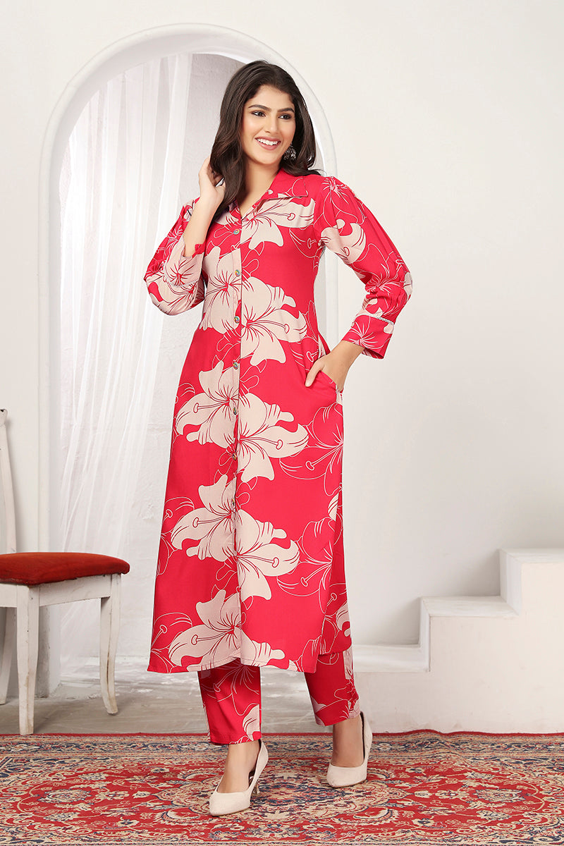 Red Rayon Floral Printed Designer Kurti With Pant