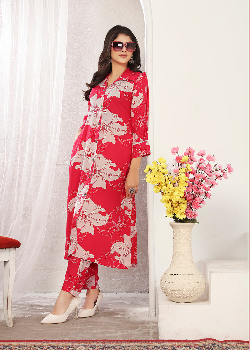 Red Rayon Floral Printed Designer Kurti With Pant