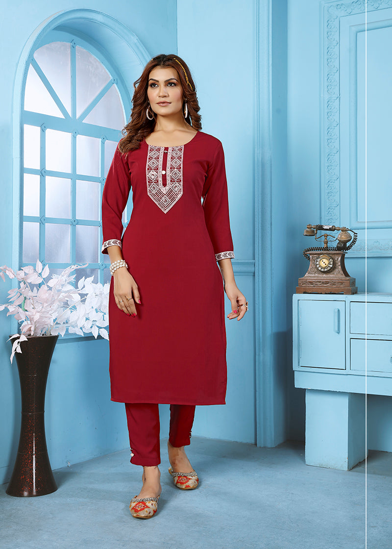 Red Rinkal Cotton with Embroidered Work Kurti With Pant