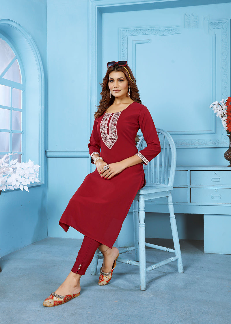 Red Rinkal Cotton with Embroidered Work Kurti With Pant