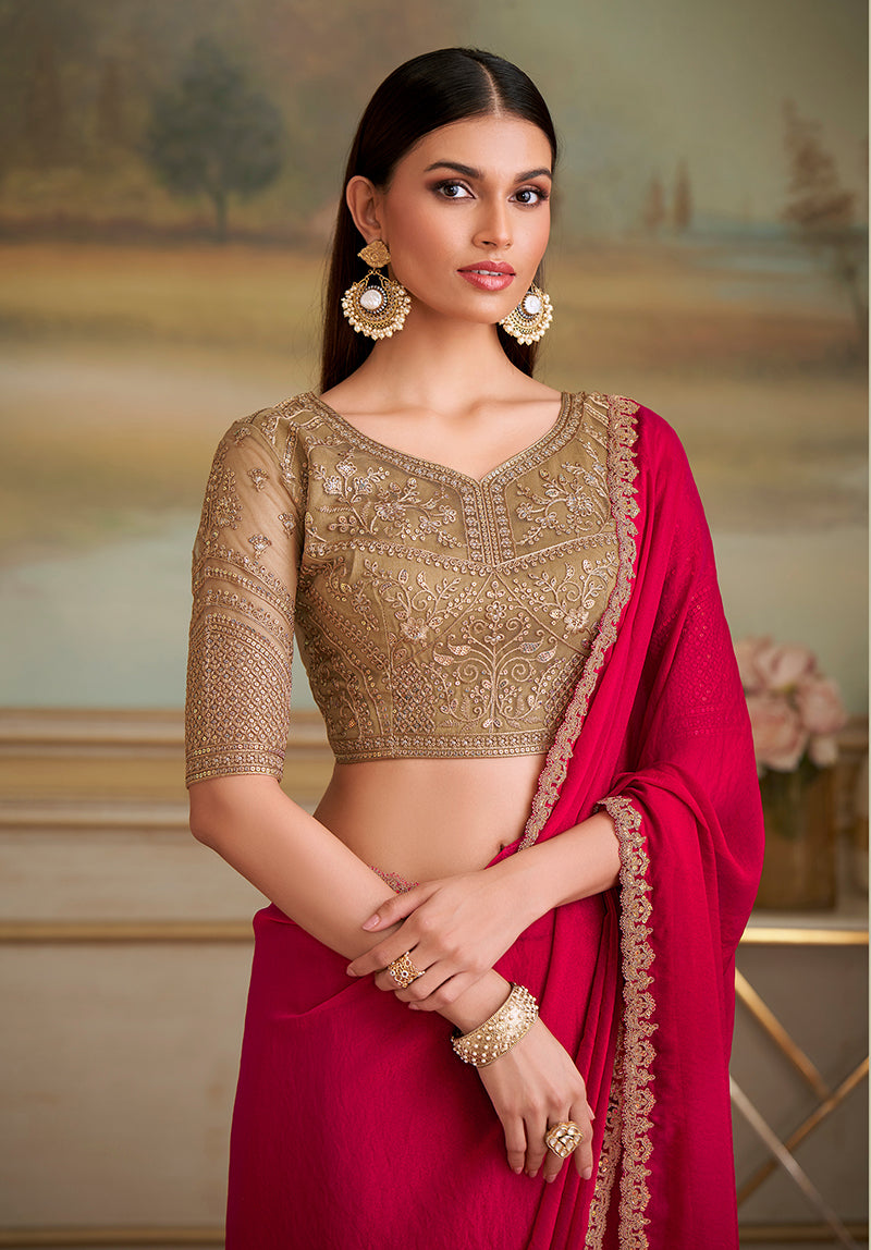 Red Shining Georgette Embroidered Border Party Trendy Saree