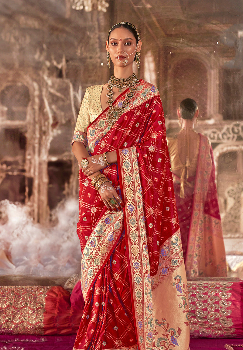 Red Silk Bandhej Print With Paithani Border Saree