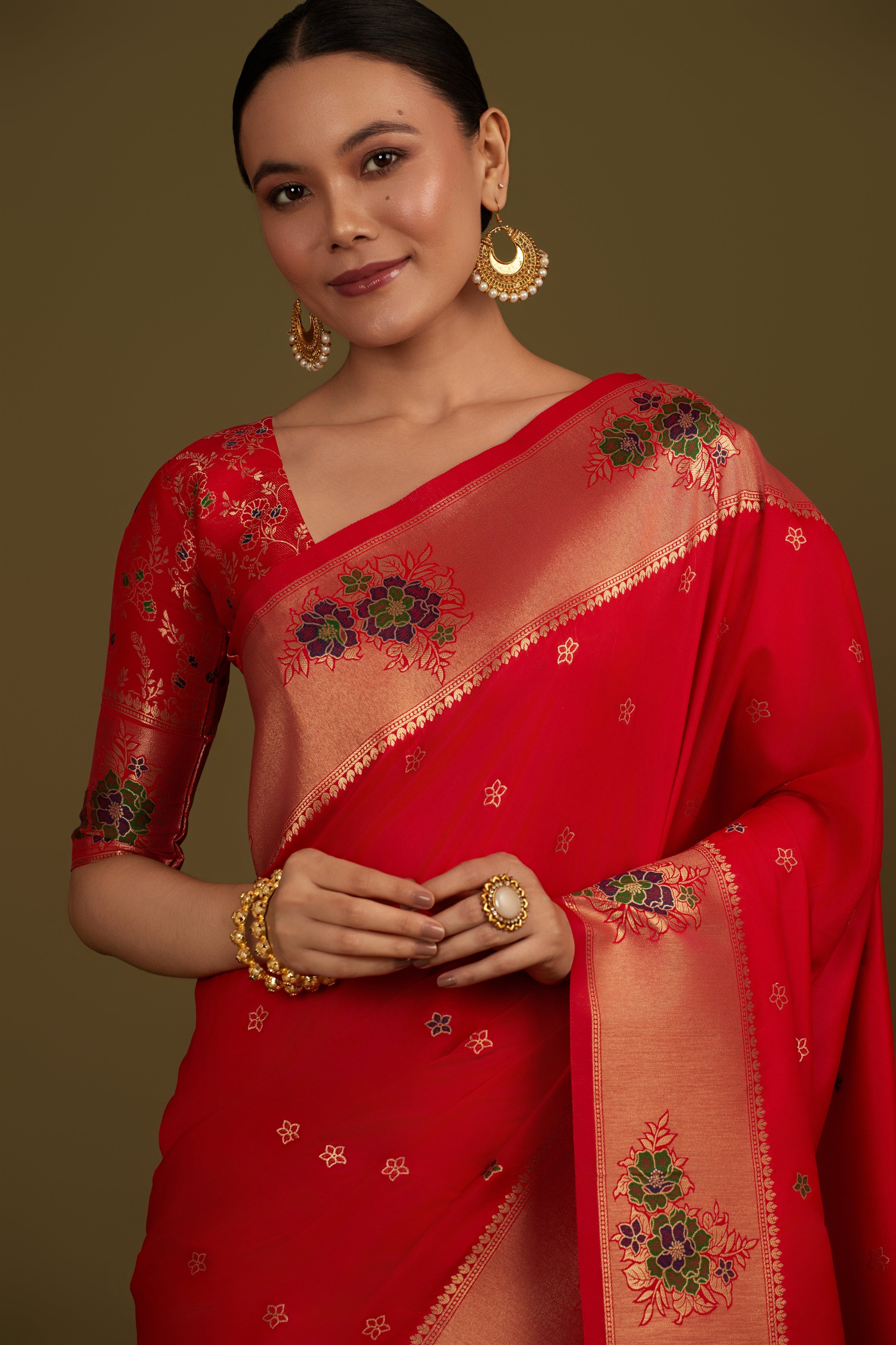 Red Silk Blend Zari Woven Classic Saree