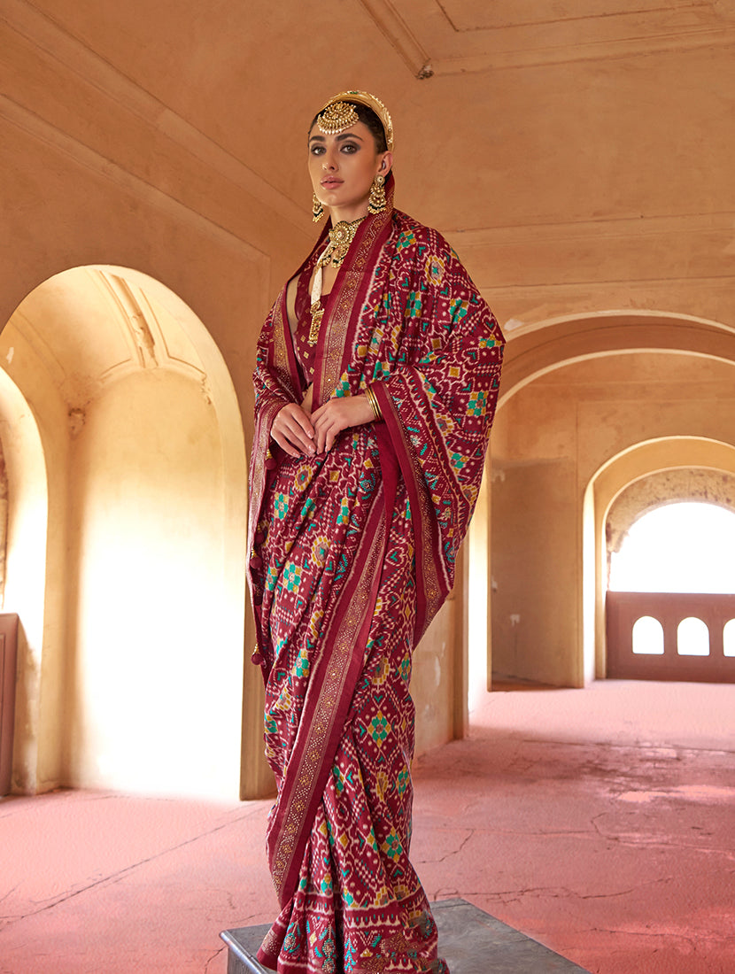 Maroon Silk Patola Design Saree for Festival