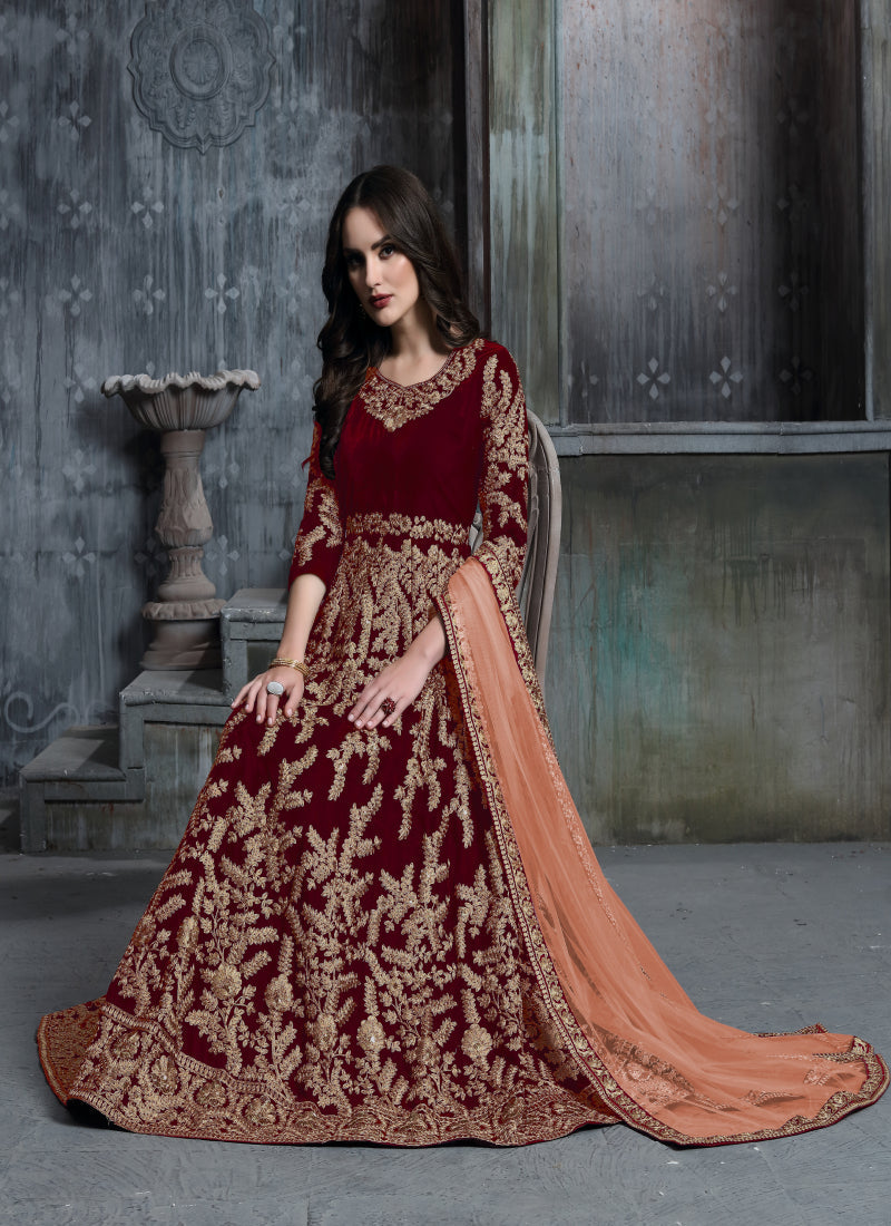 Red Velvet Heavy Work Floor Length Anarkali Suit