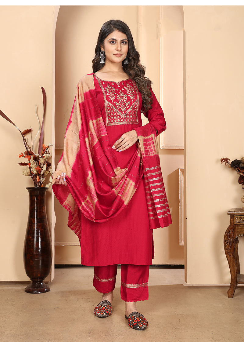 Red Vertical Silk Heavy Sequence Embroidery Kurta Set With Banarasi Dupatta