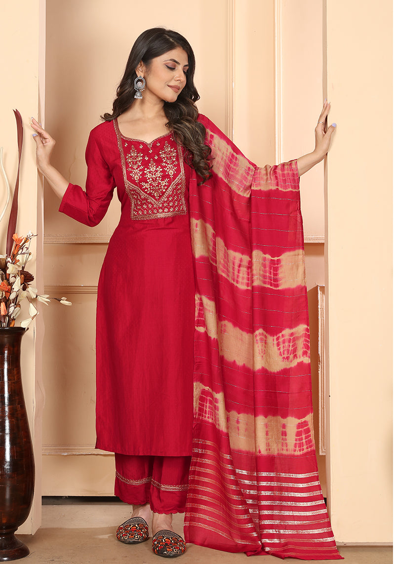 Red Vertical Silk Heavy Sequence Embroidery Kurta Set With Banarasi Dupatta