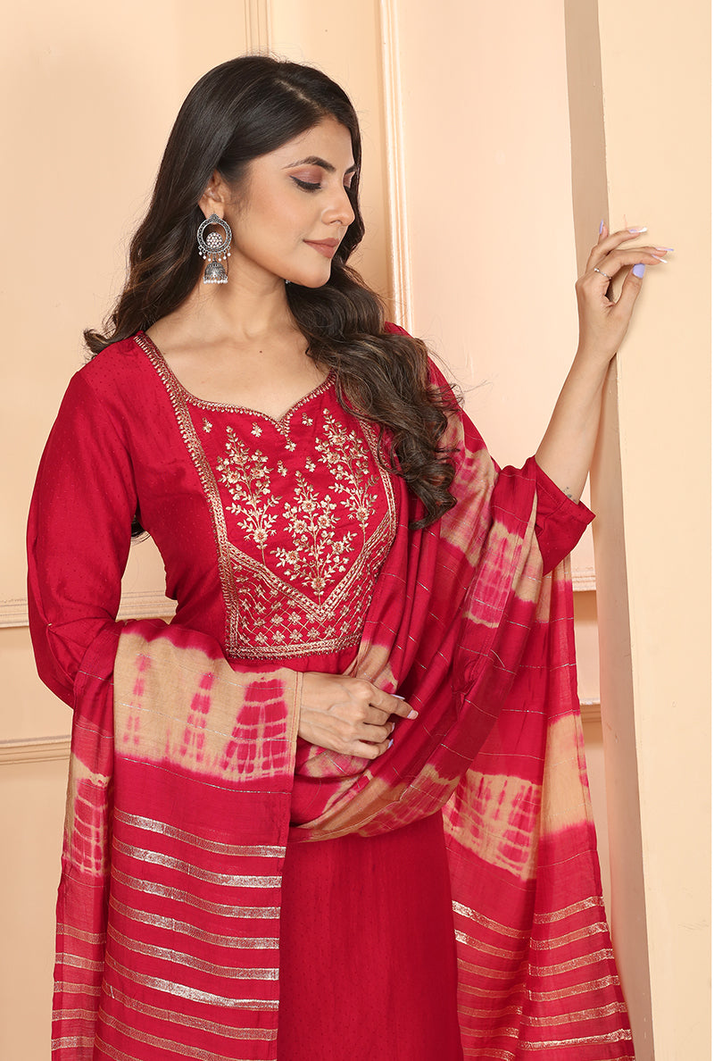 Red Vertical Silk Heavy Sequence Embroidery Kurta Set With Banarasi Dupatta