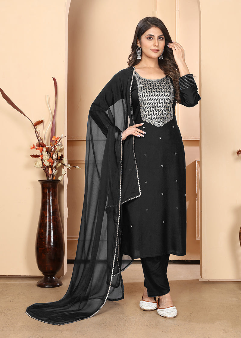 Black Premium Rayon Heavy Sequence Embroidery Kurtis Pant Pair