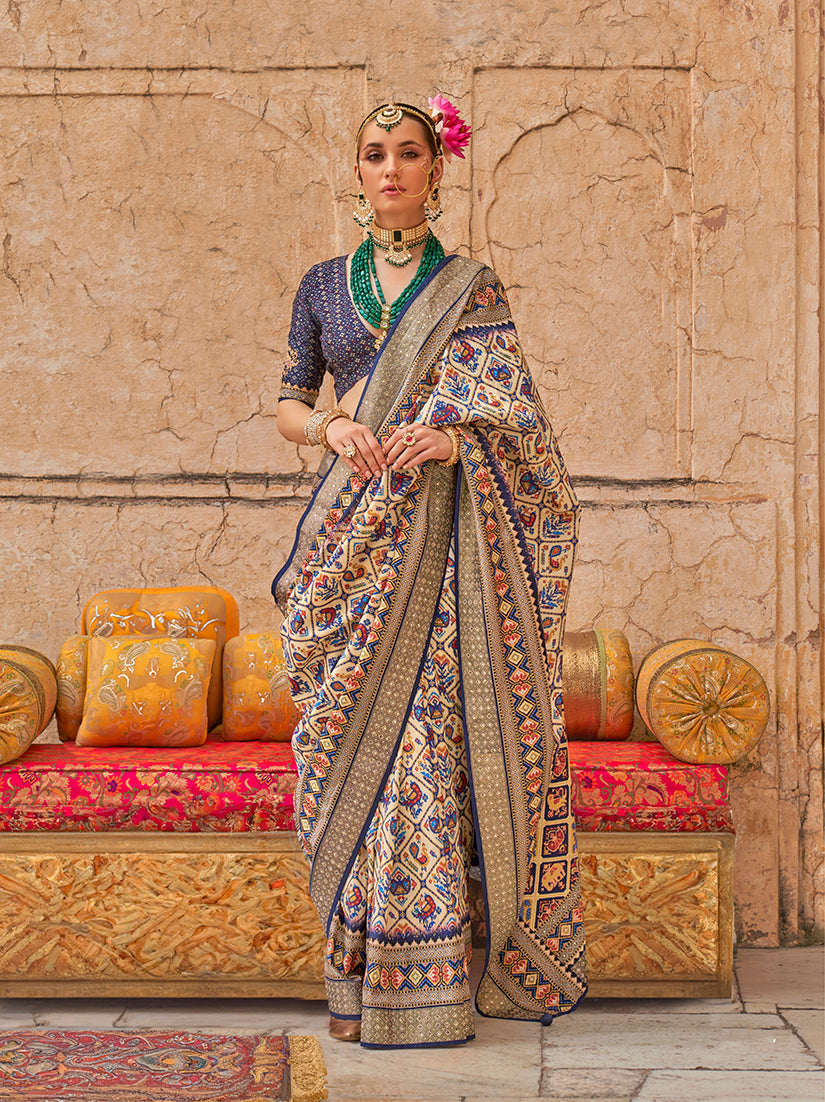 Cream Viscose Silk embelishment Of Print Work Saree