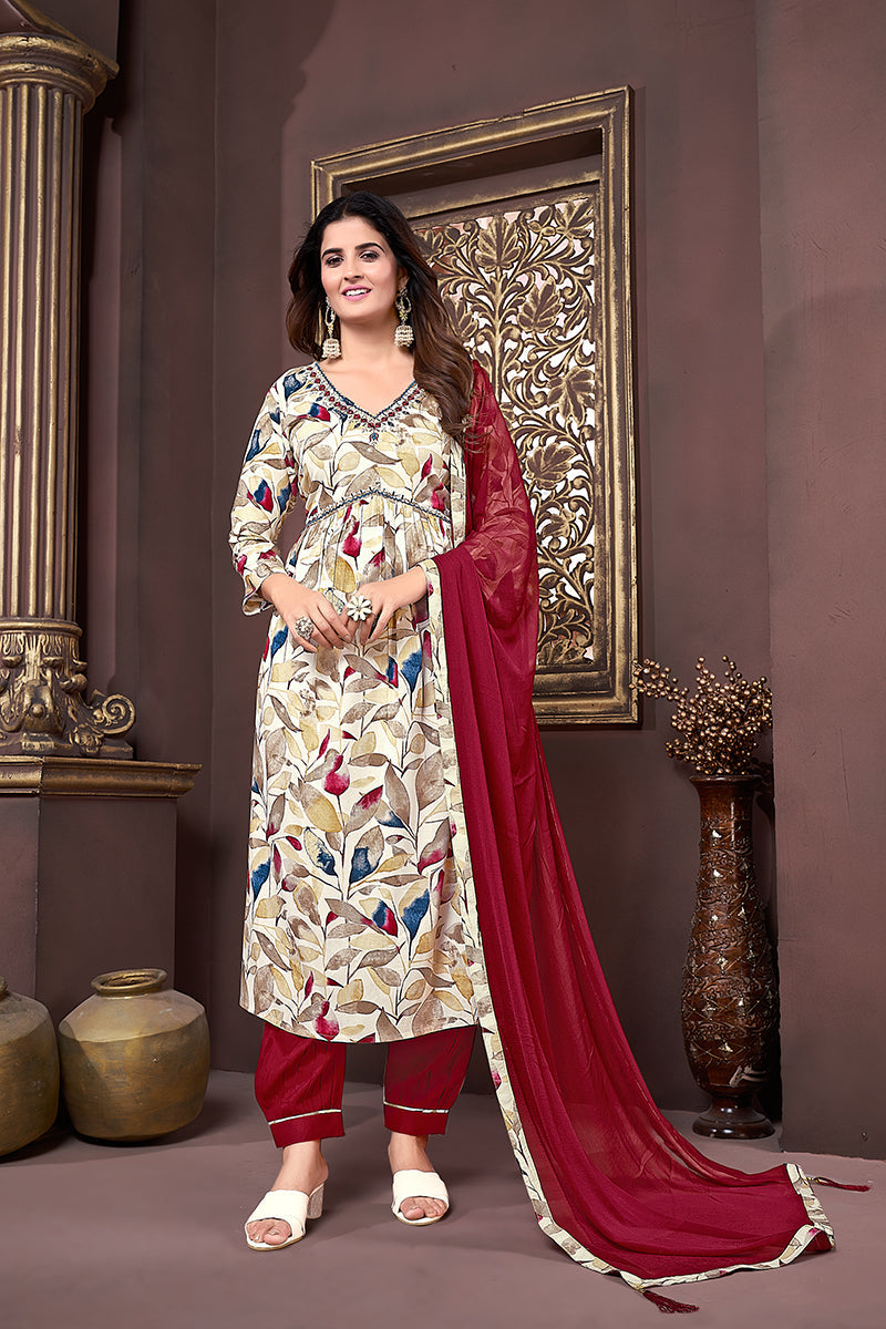 Red Rayon Printed Festival Wear Afghani Suit