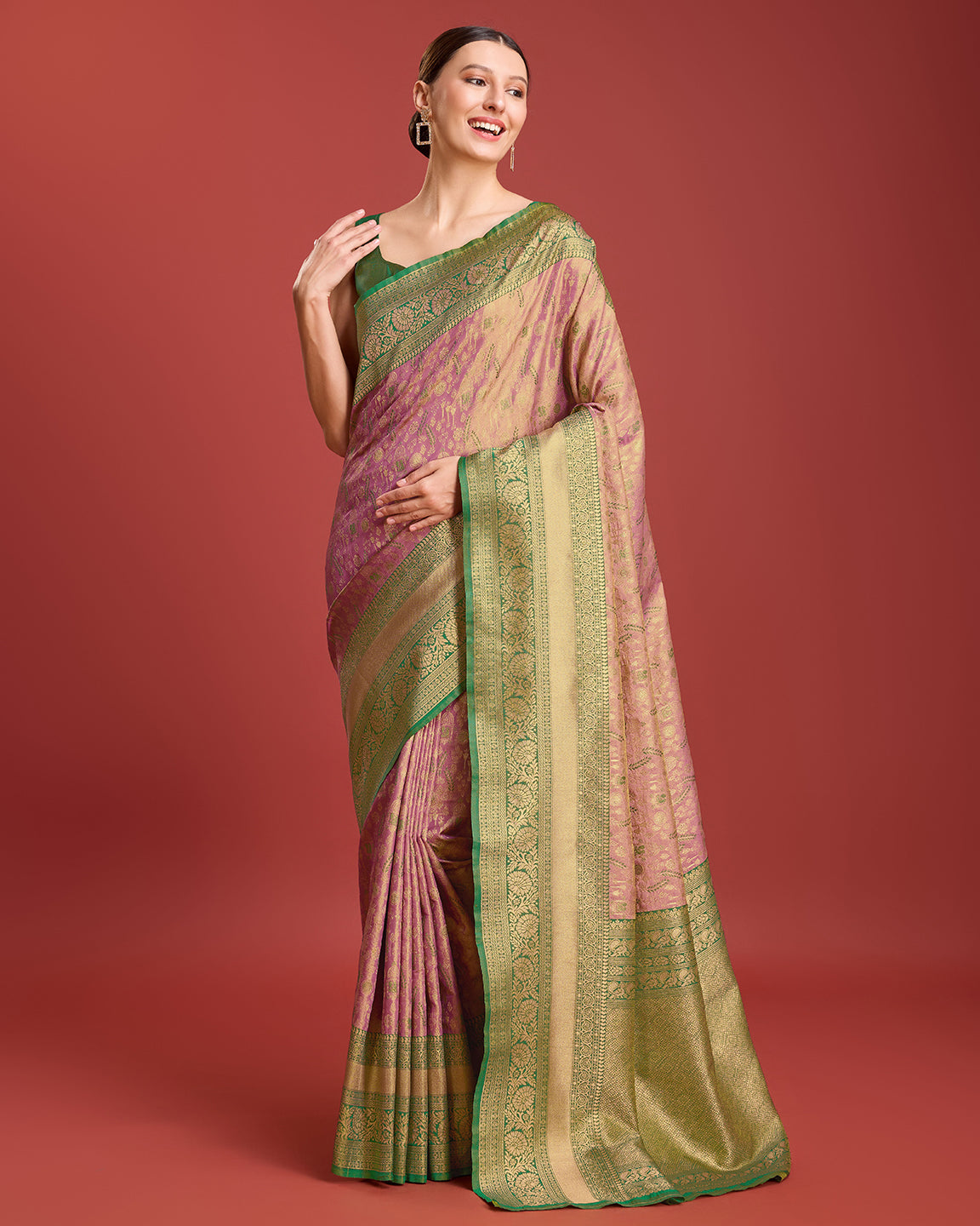 Rose Pink Banarasi Tissue Silk Zari Woven Traditional Saree