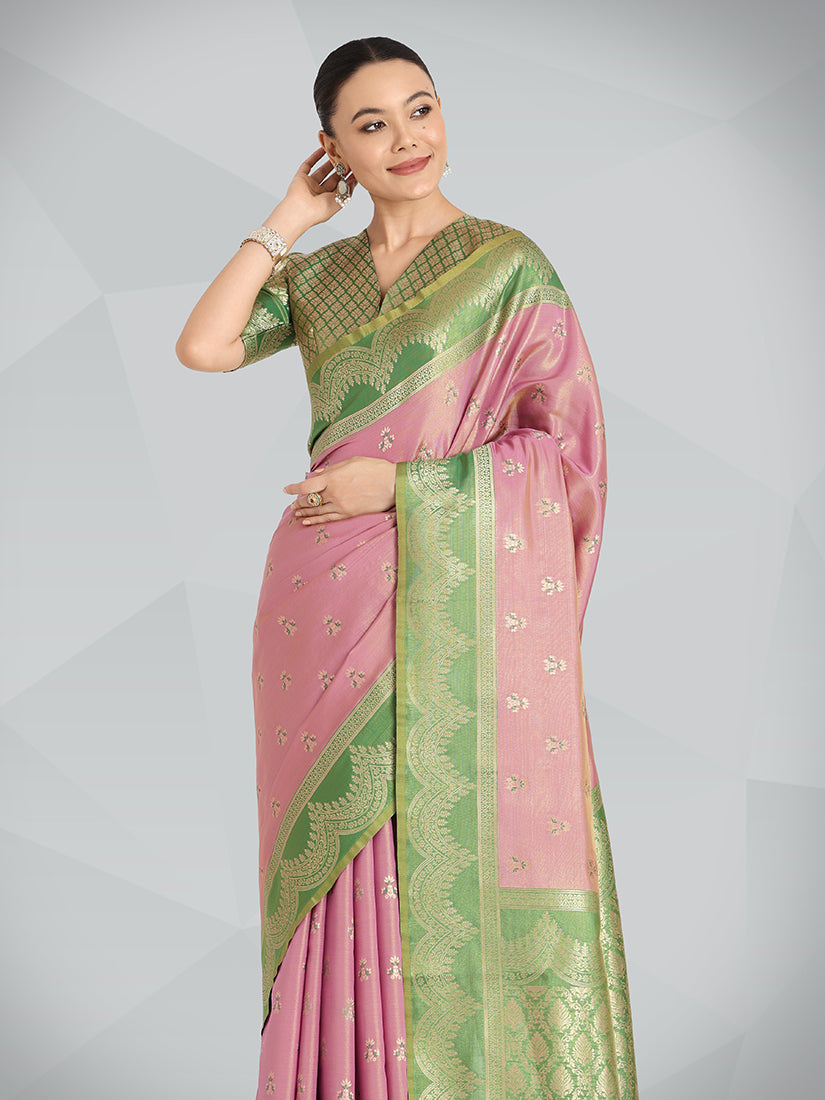 Rose Pink Banarasi Weaving Tissue Silk Indian Wear Saree