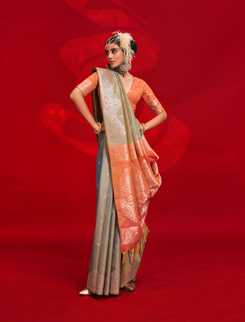 Gray  Classic Weaving Silk Saree with Intricate Zari Motifs