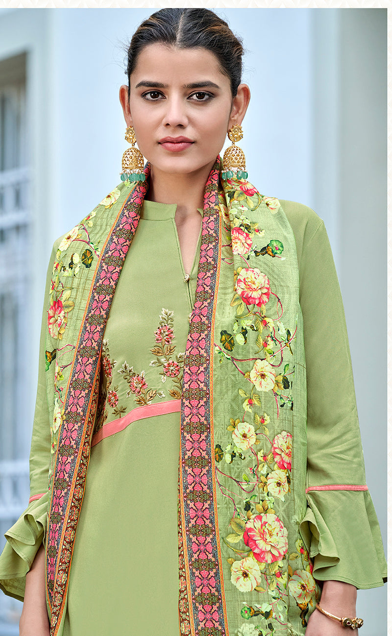 Parrot Green  Color Rayon Fancy Embroidered Work Straight suit