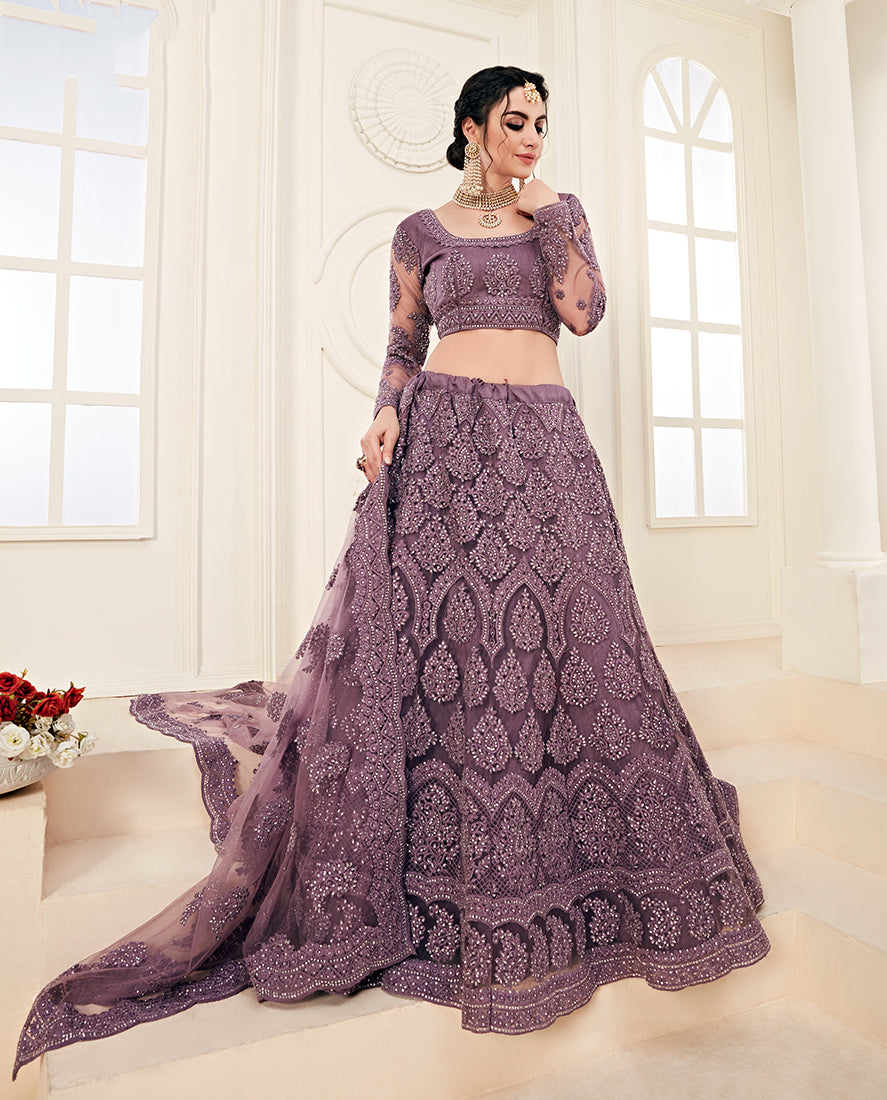 Purple Mauve Colour Net Embroidery Work Bridal Lehenga Choli