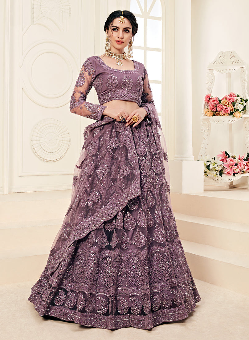 Purple Mauve Colour Net Embroidery Work Bridal Lehenga Choli