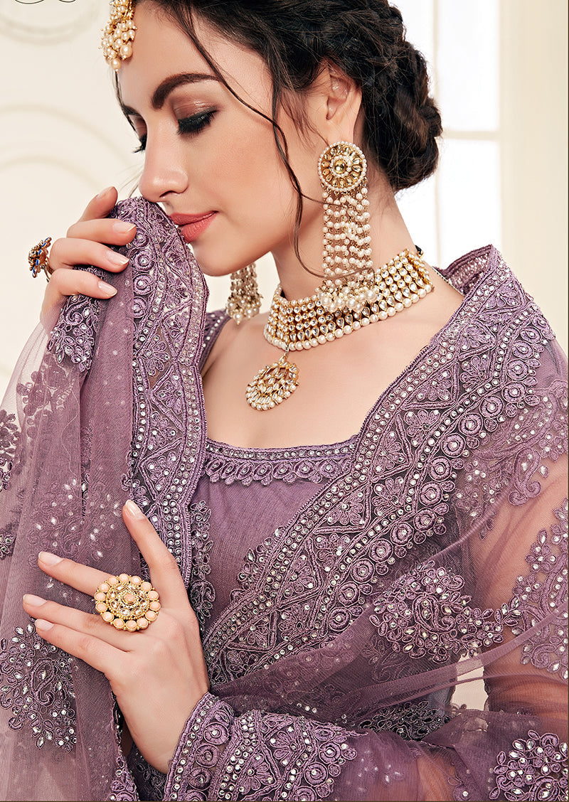 Purple Mauve Colour Net Embroidery Work Bridal Lehenga Choli