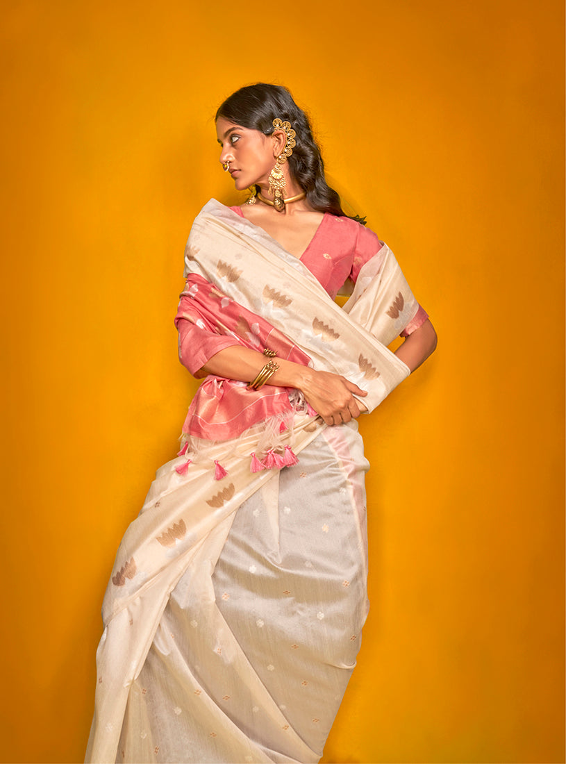 Cream Festive Tussar Silk Saree with Intricate Zari Work