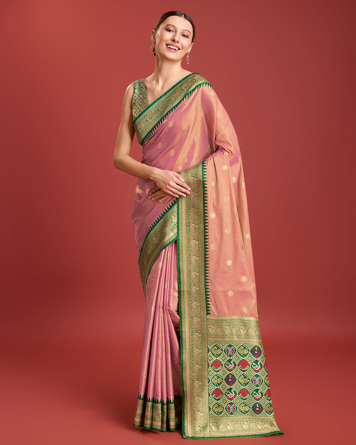 Parrot green Kanjivaram Silk Patola Printed Designer Saree - Monjolika Fashion