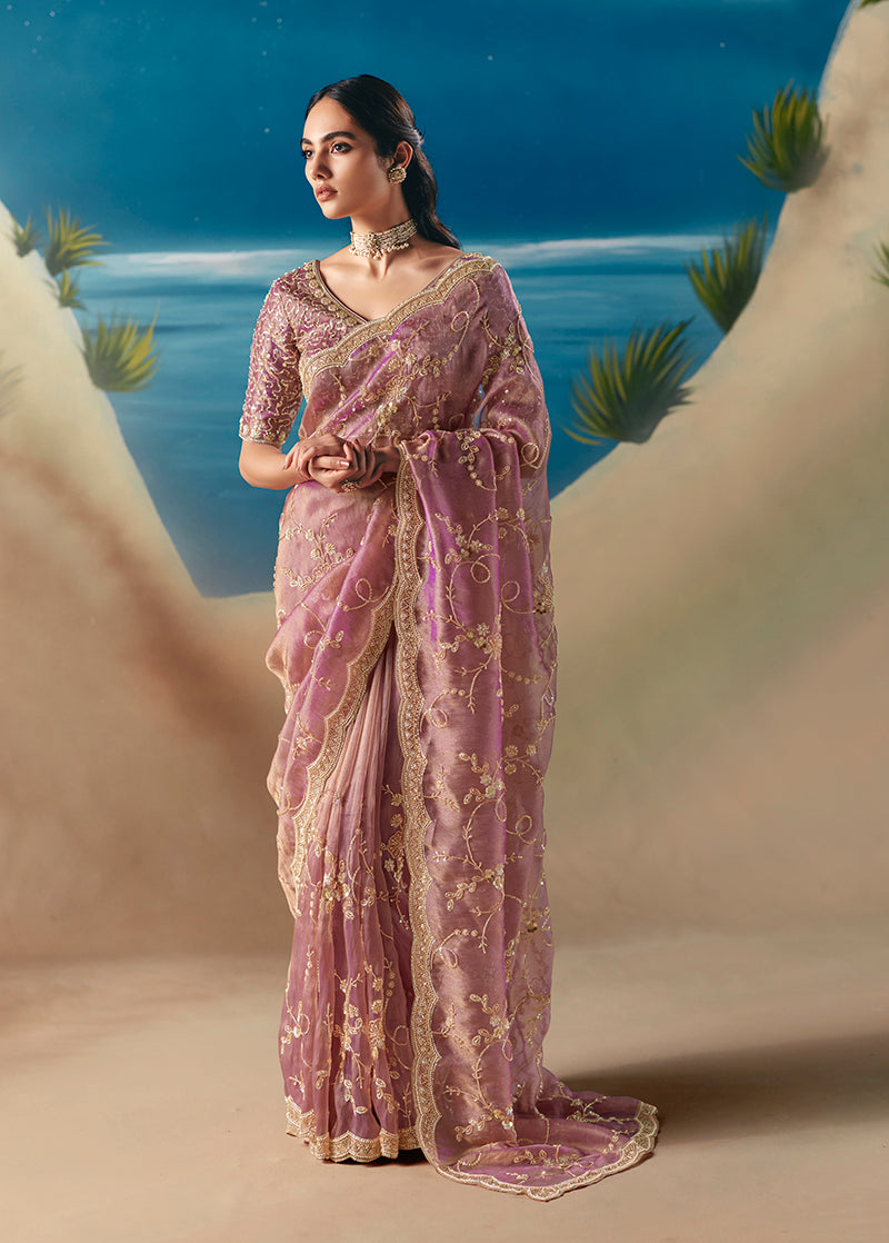 Rose Pink Premium Fancy Fabric With Designer Embroidery Sequence Work Saree