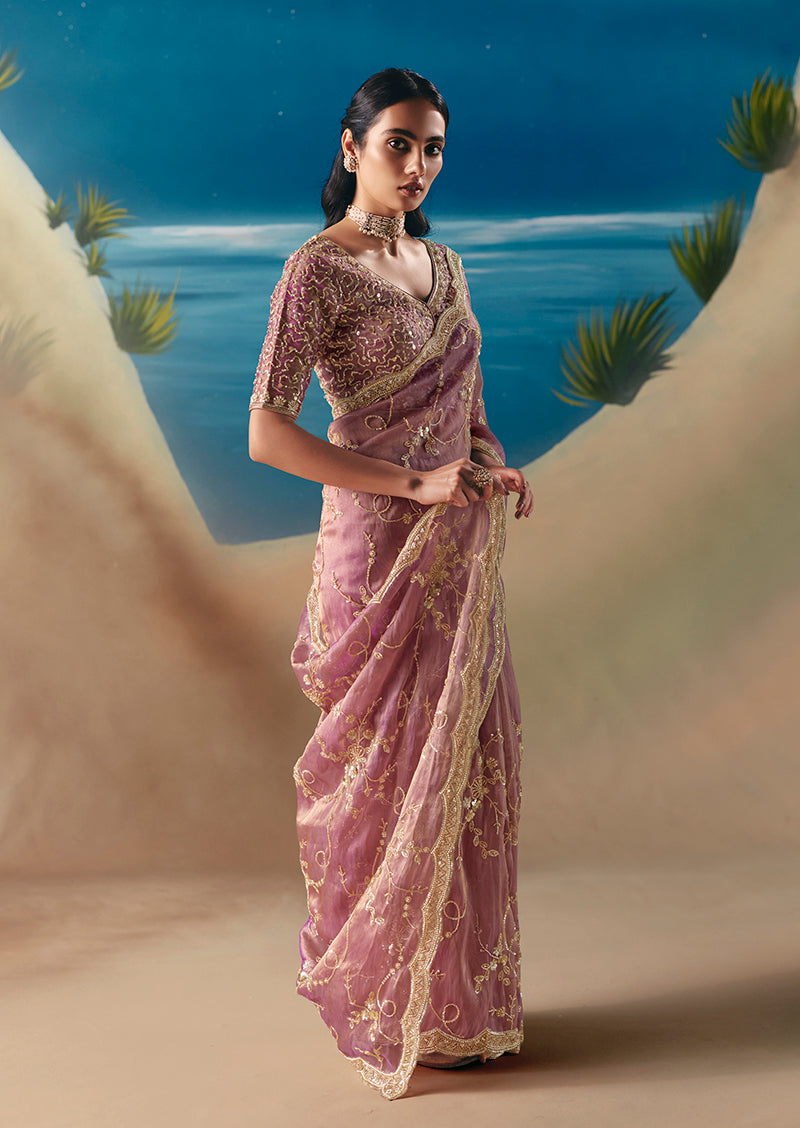 Rose Pink Premium Fancy Fabric With Designer Embroidery Sequence Work Saree