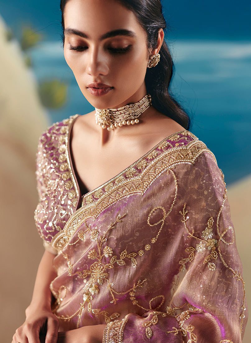 Rose Pink Premium Fancy Fabric With Designer Embroidery Sequence Work Saree