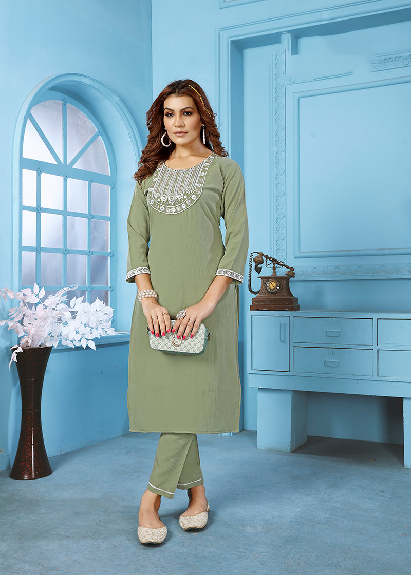 Sage Green Rinkal Cotton with Embroidered Work Kurti With Pant