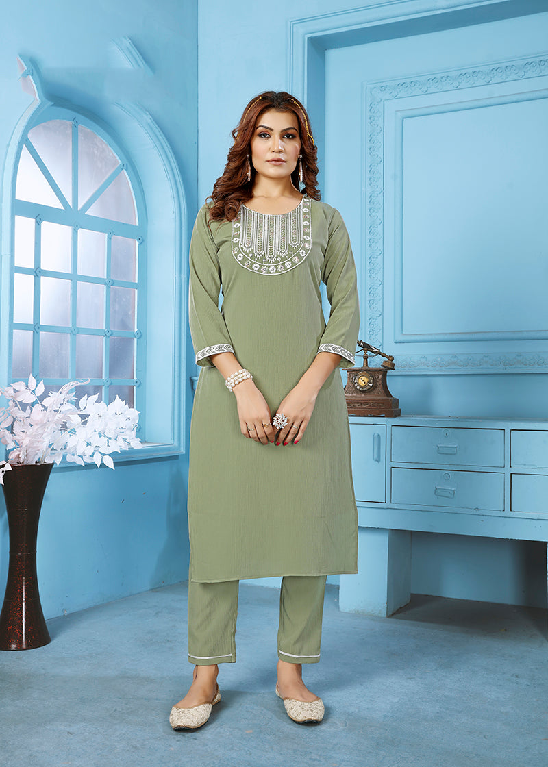 Sage Green Rinkal Cotton with Embroidered Work Kurti With Pant