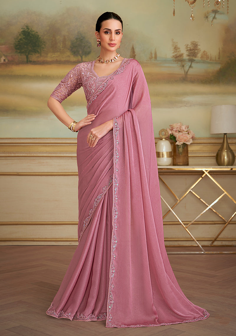 Onion Pink Sparkle Georgette Embroidered Border Party Trendy Saree