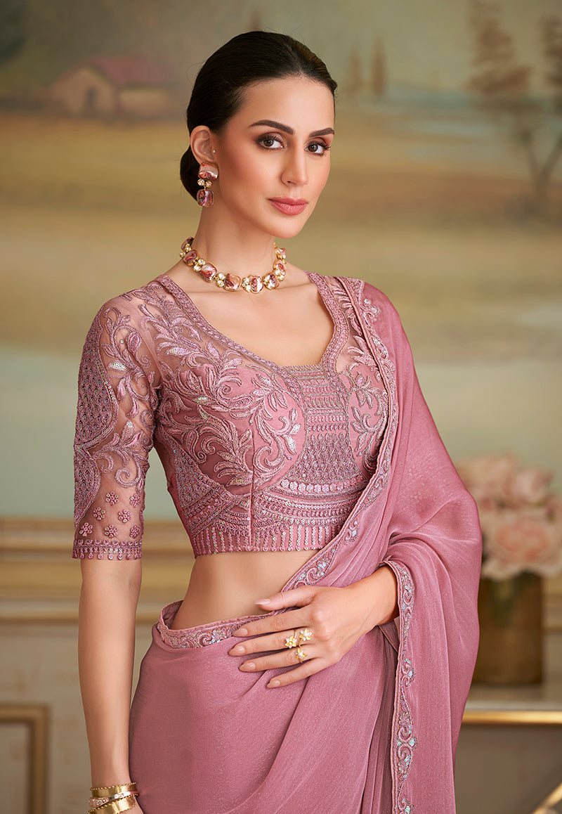 Onion Pink Sparkle Georgette Embroidered Border Party Trendy Saree