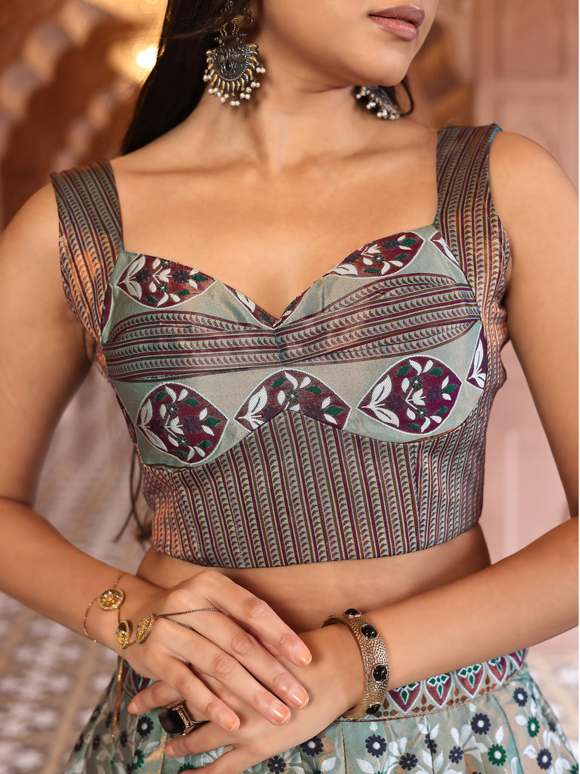 Sea Green Kanjivaram Silk Weaving Zari Lehenga Choli