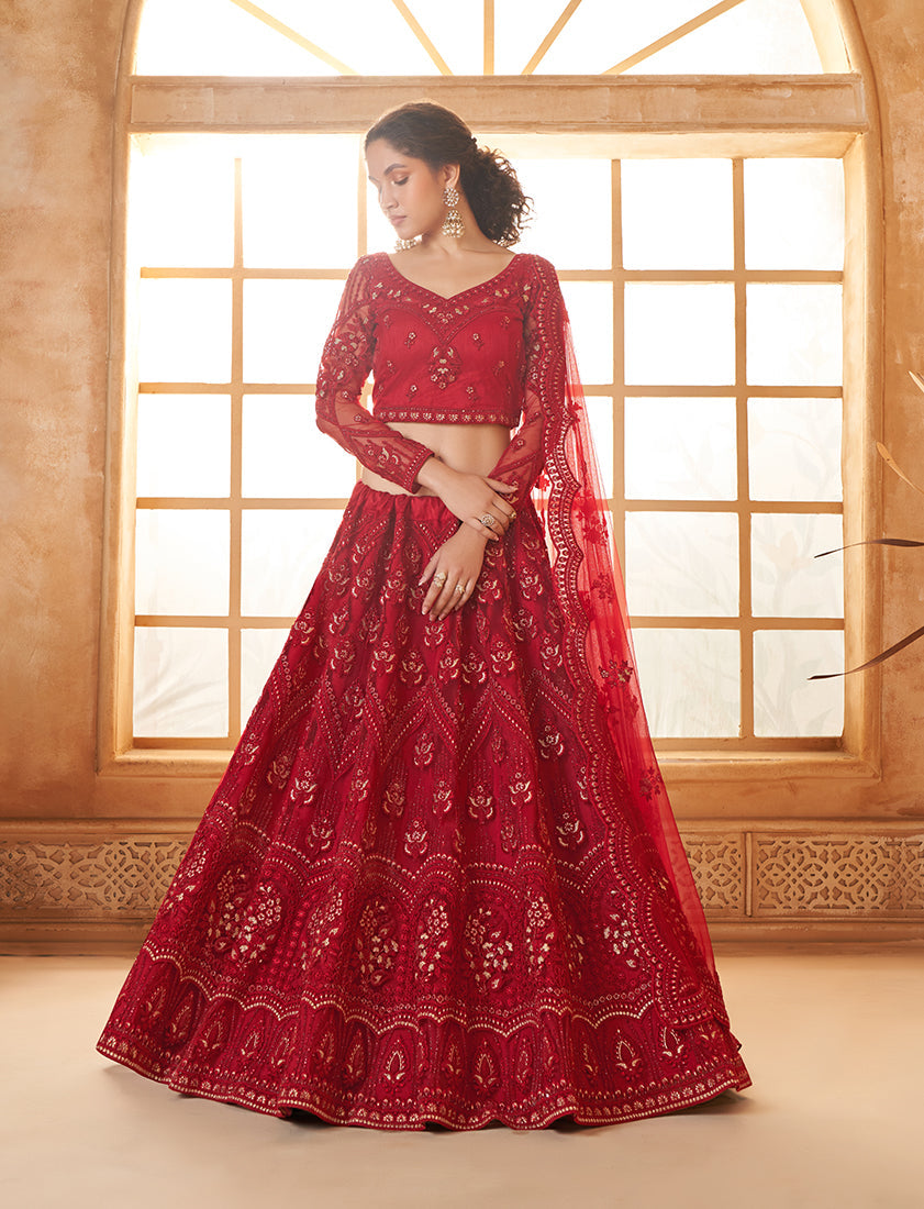 Red Net Embroidered Designer Bridal Lehenga Choli