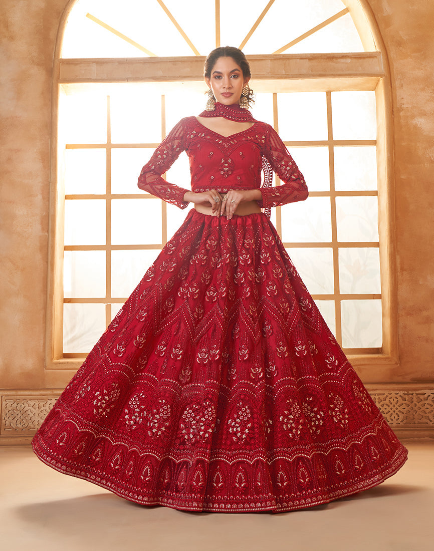 Red Net Embroidered Designer Bridal Lehenga Choli