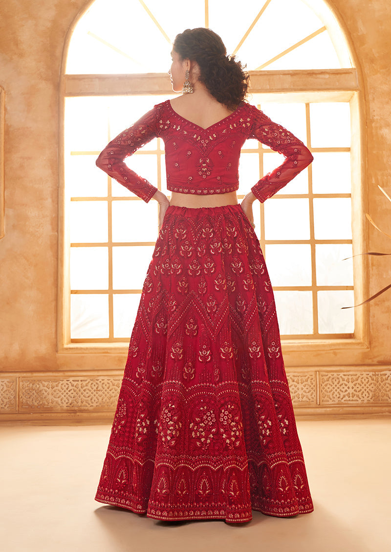 Red Net Embroidered Designer Bridal Lehenga Choli