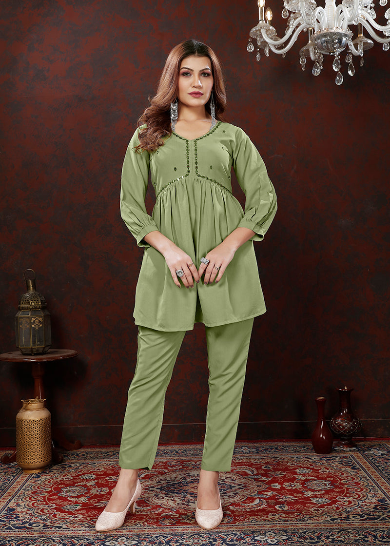Olive Maaza Cotton with Handwork Trendy Co ord Set