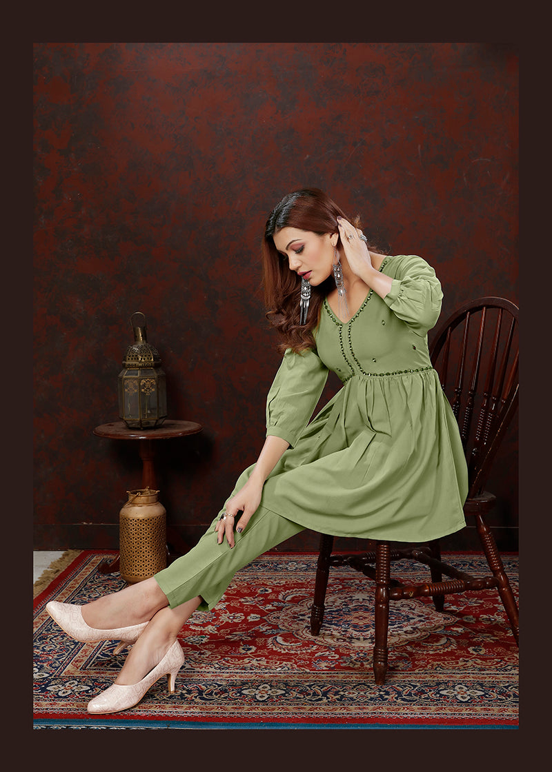 Olive Maaza Cotton with Handwork Trendy Co ord Set