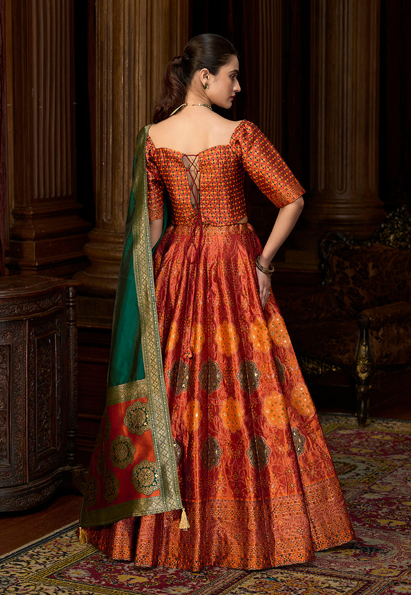 Rust Color Kanjiwaram Silk Jacquard Designer Lehenga Choli